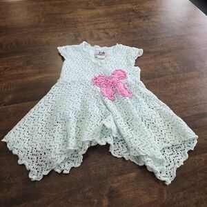 JM Originals Ellenville NY Light Mint Crochet Baby Dress with Pink Bow 3T